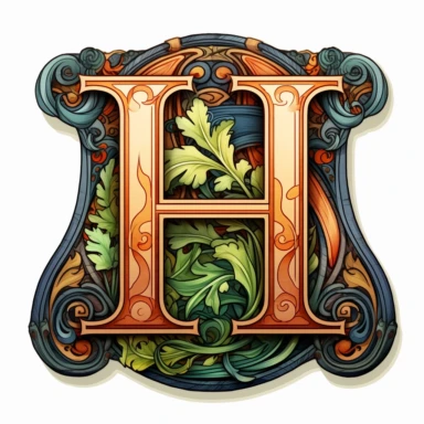 You are creating letter H in Art Nouveau illuminated initial style with clean lines and without shadows to be used as a clipart in white background