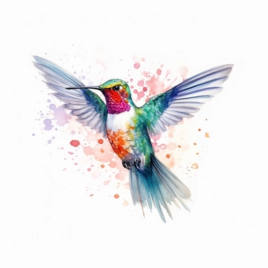 A mesmerizing watercolor clipart illustration of a Hummingbird, delicately portrayed against a pristine white background. The artwork captures the bird's enchanting beauty and grace, with its tiny size, vibrant colors, and rapidly beating wings. The watercolor technique adds a soft and ethereal touch to the illustration, with delicate brushstrokes that convey the Hummingbird's swift movements. The bird is depicted in mid-flight, suspended in the air as it hovers near a delicate flower. The white