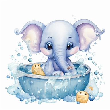 Clipart image of a cute blue baby elephant with big curious eyes and a happy expression lying in a bathtub. The elephant is surrounded by bubbles and has a toy duck floating nearby. The image is in profile and on a white background, made with watercolors. Perfect for children's projects and designs.