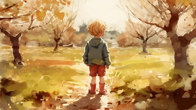 A little boy, apple tree, countryside in the background, 5 years old, legs, shoes, standing, curly hair, blond hair, watercolor clipart, full image, 4k, clear focus, watercolor, symmetry, soft light, concept art, watercolor style, strybk, Octane rendering, 3d, Aubrey Beardsley, Conrad Roset, Aikut Aidogdu, Agnes Cecil, watercolor style