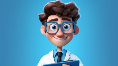 3d render, cartoon character smart trustworthy doctor wears glasses and holds blue clipboard. Professional caucasian male specialist. Medical clip art isolated on blue background. Hospital assistant