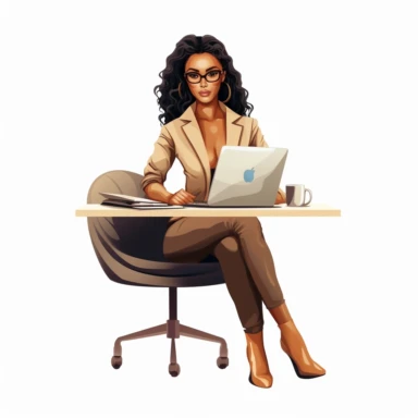 chic latino lady boss sitting at the desk and working on laptop, realistic illustration, clipart, isolated on white background, 4K
