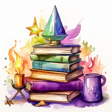 Watercolor Wizard Desk Clip Art in a cheerful fantasy L.O.T.R. style. In the center of the image is a stack of 4 magical tomes with magical symbols on the spines. There is a golden oil lamp beside the book providing a diffused glow. There is a small glowing purple crystal pyramid paper weight sitting beside the book on top of some spell pages. There is a quil and ink pot sitting to the right of the book. In the centre of the desk is an open book with a holographic emanation of golden light comin