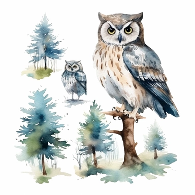 watercolor clipart white background owl forest animal woodland