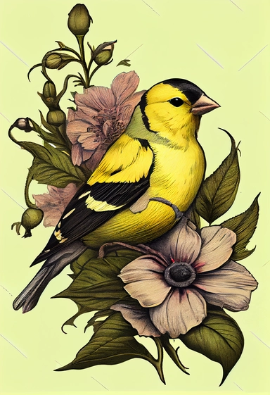 Flower Clipart American Goldfinch Botanical Illustration Art