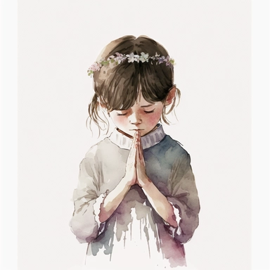 illustration of praying boy with dark hair, clipart, watercolor, white background, simple, soft colors, boho, minimalism