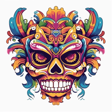 isolated flat clipart on a white background of a spooky day of dead themed voodoo mask tshirt design graphic, in the style of daniel f. gerhartz, transcendent, nikon d850, art of burma, captures the essence of nature, in the style of organic forms and patterns, expansive skies, hyper-detailed illustrations, i can't believe how beautiful this is, lively colors
