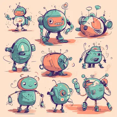clipart collection of scribbles and illustrations of a group of generative AI bots featuring an author bot, a coding bot, an illustration bot, photographer bot and an assistant bot, all non-binary characters, professional web design, friendly, cool, modern web illustration, two-tone, cute, playful, helping