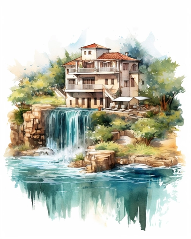detailed watercolor villa beside a huge flowing river, aeriel shot, wide screen, realistic, isolated on white background, clipart