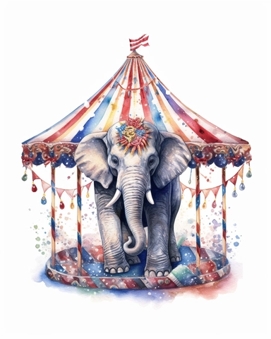 isometric illumination of realistic watercolor of circus elephant, sublimation, high quality watercolor style clipart, intricate design, clipart festival, white background no text, isolated on white, ghibli style, award winning,