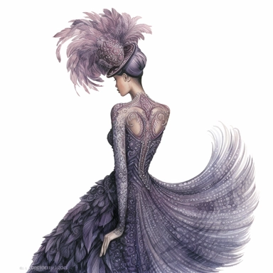 A stylish fashion girl, wearing an exquisite Haute Couture gown with intricate beading and a dramatic train, gracefully raises a gloved hand to her ornate fascinator, her face turned away from the viewer. Clipart, color pencil illustration.