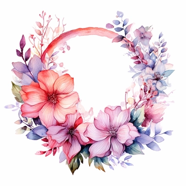 beautiful watercolor floral wreath with decorative elements, flowers, leaves, clipart, isolated on white background, bojo, vintage, lithograph, 32k uhd, texture