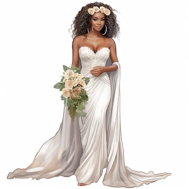 black, african American boho wedding clipart, bride in boho style wedding dress, hyper realistic, detailed, white background