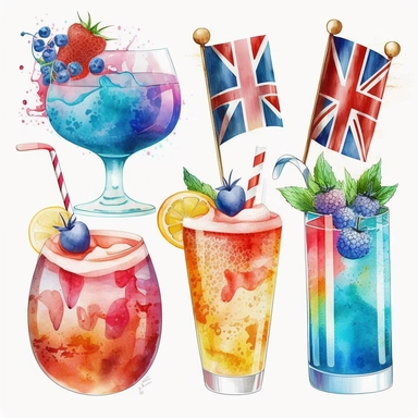 5 colourful vibrant summer british cocktail drinks, red an blue birthday balloons, an extra large gold king crown, waving union jack flags, symbolic icons, buntings, detailed pencil watercolor illustration clipart pure white background #FFFFF