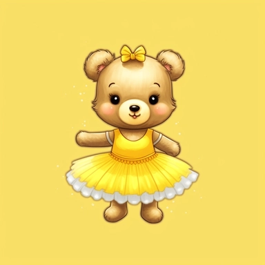 Adorable cute fantasy Teddy bear dressed like a Romantic ballerina, wearing yellow tutu, nursery art, clipart image, lineart image, solid background, high contrast with background , very detailed, 8k