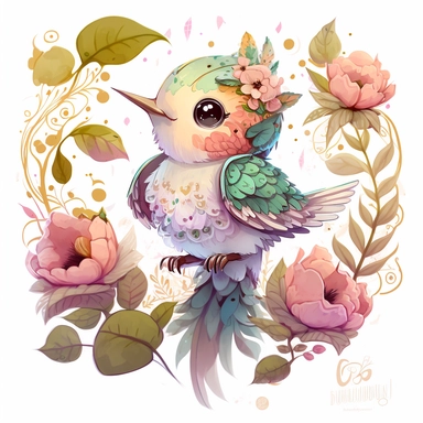 watercolor baby humming bird clipart, full body, chibi, Nursery Art, Nursery Decor, dreamy eyes, magical, high rendering, central focus, scenic background, intricate details, kawaii chibi, by Ross Tran, retro,pink light golden, Cinematic feel, tiger, Tropical,floral, colourfull,