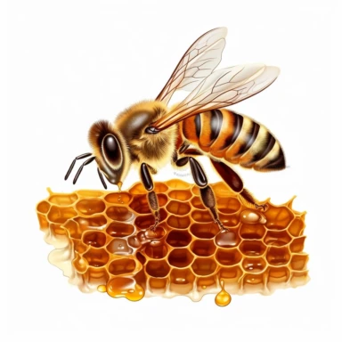 single honey bee on honey hive, vector clipart, saturated colors, isolated on white background, uhd, sharp detail