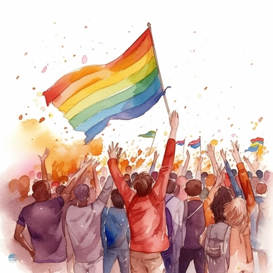 watercolour lgbt pride rainbow flags being waved in a crowd, detailed clipart image, high resolution, sublimation, cartoon