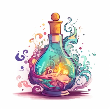 cute fairy tale clipart Magic potion on white background - A multicolored potion that swirls with the essence of the four elements. This elixir grants the drinker control over earth, air, fire, and water, making them a force to be reckoned with.