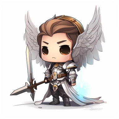 zeeb labs art style boy, angel knight, tiny chibi body with white lighting armor, crown, wings, staff, smerk, super long cape, clipart, sticker, no background, hd