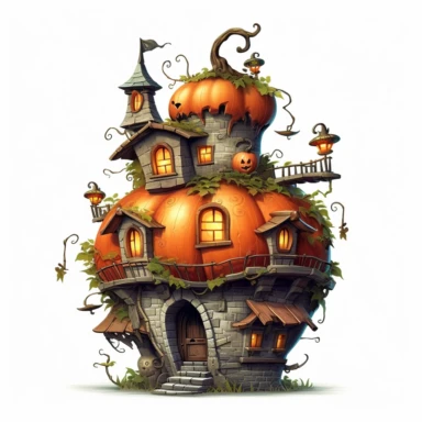 simple fairy Halloween house, pumpkin, horror, clipart, complex, highly detailed, signature design, on white background