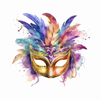 mardi gras mask clipart with watercolor illustration,full body shot,8k,etsy style, white background