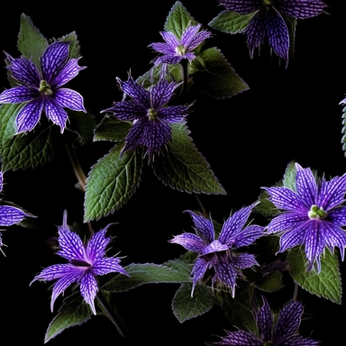 Purple borage flowers as a clipart with black background. A masterfully crafted digital artwork that explores the beauty and intricacy of purple borage flowers. The composition offers a close-up perspective, allowing the viewer to marvel at the delicate details of each petal and the unique patterns they create. Soft lighting highlights the vibrant purple tones, evoking a sense of tranquility and serenity. The artwork exhibits a contemporary realism style with a touch of impressionism, reminiscen