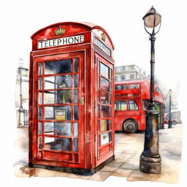 extreme detail watercolour london telephone booth bus clipart