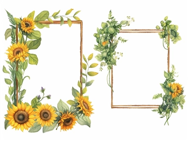 Rectangular frame with greenery and sunflowers in the four corners, floral decor clip art, colored pencil, minimalist set, Konica Big Mini