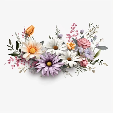 Photorealistic 3d clipart minimalist boho floral border arrangement, Semi-elliptical shape, white background, clean sharp lines, very detailed, 64k, ultra-clear, ultra-delicate