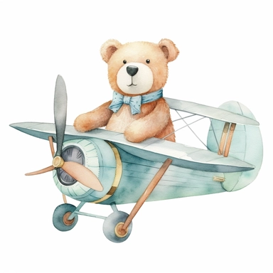 adorable light blue teddy bear flying an aeroplane, hand painted, watercolor, clipart, white background