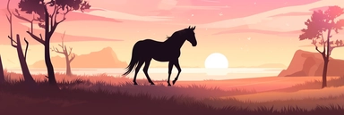 The clipart shows a horse in a delicate and romantic atmosphere. The horse is standing in a picturesque landscape illuminated by a warm, golden evening sun. The background is designed with soft hues like pastel pink, lavender or a soft sunset gradient. The horse itself has an elegant and graceful posture. It has its head slightly lowered as it gazes into the distance, as if filled with dreams and romance. The horse's eyes have a gentle and dreamy expression. The mane and tail are long and flowin
