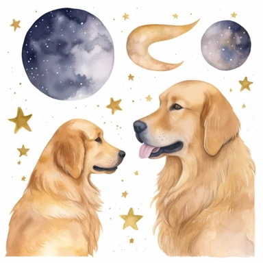 celestial watercolour Golden Retriever clipart, on white background, stars, nebula, moon, galaxy, soft colours