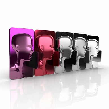 3d model of group of metallic user icon, card with information of user, black+red+silver+purple, clipart, white background