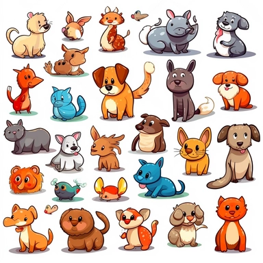 You could create clipart of different animals, such as dogs, cats, birds, horses, or fish. To make the clipart more interesting, you could show the animals doing different activities, such as playing, eating, or sleeping. You could also make the clipart more stylized or cartoonish to appeal to a wider audience.