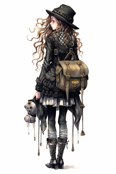 watercolor mixed media goth steampunk girl entire body with goth steampunk backpack school illustration clipart by holly hobbie