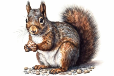 A highly detailed watercolor clipart of an isolated squirrel, by Laura Harris, watercolor specialist, realistic texture, detailed brushwork, high-resolution 300 dpi, nature-inspired art, intricate artwork, fine art quality, animal portrait, botanical art, isolated on white