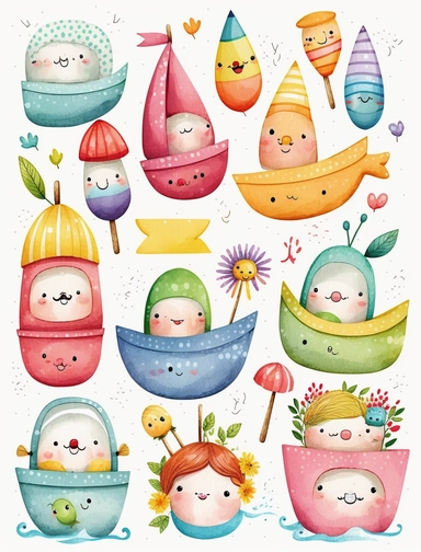 watercolor cute boats elements, clipart, vibrant rainbow colors, white background, 8k, high reso