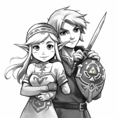 Link and Zelda. black and white. Clipart. Happy