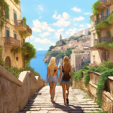 panoramic view, full view, landscape, two beautiful female best friends with blonde hair walking, smiling and chatting, beautiful faces, along a cobblestone walkway in a beautiful mediterranean town with view of beautiful blue water, cascading bougavanelia, beautiful summer day, illustration clipart, photo realistic, romantic, fantasy, ethereal, sharp focus, high detail,