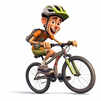 cartoon boy riding a mountain bike downhill in action, smiling, wearing a bicycle helmet with straps,full body, downhill bicycle clipart, Sport graphics, isolated on white background, 3d, rendered by pixar
