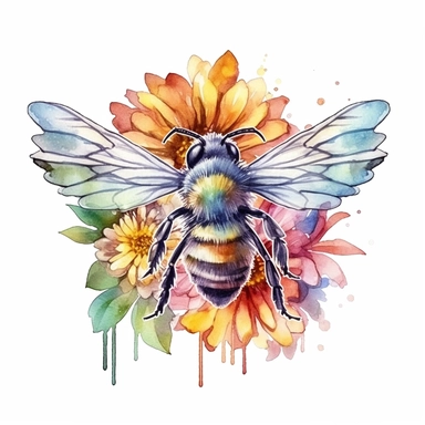 Honeybee floral clipart watercolor, bright colors Watercolor style, Illustration clipart, 8k, extremely detailed