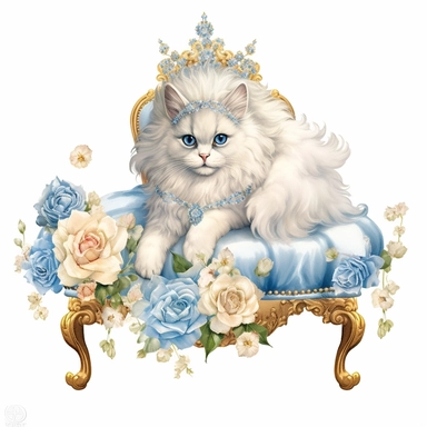 make a clipart of watercolor fairytale white fluffy princess cat with a gold tiara and blue eyes, laying on a blue victorian foot stool, and roses, rococo, shabby chic