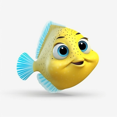 flounder 3d Cute Animated Sea Animal Clipart, disney pixar style Animated ocean clipart, white background