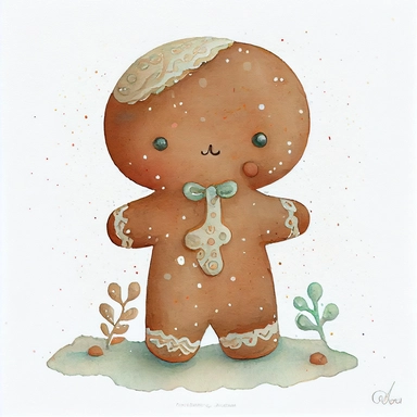 A watercolor painting of cute christmas gingerbread man, christmas gingerbread man, christmas gingerbread, cute detailed digital art, inspired by nicoletta ceccoli, by Kubisi art, whimsical and cute, by nicoletta ceccoli, cute detailed artwork, glimmering, adorable and whimsical, whimsical art, Clipart style, png style, svg style, blank white background, a solid white background