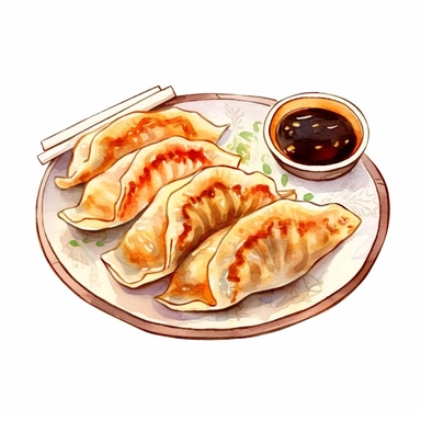 picturesque,bright luxury Japanese nutural food, Pan-fried gyoza dumplings with brown burnt marks, Japanese Gyoza have Juicy on the inside, a golden brown and slightly crispy base, for the restaurant menu, icon clipart on white background, watercolor, detailing in pastel colors, high quality, painted by Beatrix Potter, 8k,