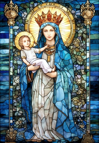 A sharp photograph of an expensive portrait, pay particular attention to the shape of your hands, less watercolor stained glass Madonna and child with matching crowns full body clipart, the Madonna is wearing a medium aquamarine blue mantle with bright white stars on it and the child is wearing a bright white robe, behind them is shimmering bright light, around many blue roses, highly detailed, white background, in the style of Catholic religious art, artist Andrea Lezcano, Vincent Van Gogh, in 