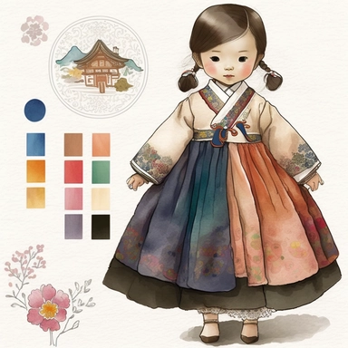 a cute little girl is wearing Korea traditional dress Hanbok. watercolor clipart, the skirt layers are designed to create a full and flowing silhouette, rainbow color jacket, The jacket worn by women in the royal family has long sleeves that are wide and 