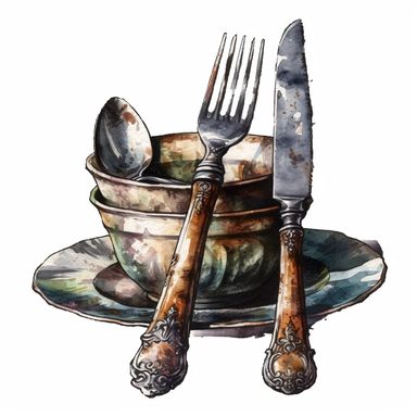 old Western cutlery, rusty metal, dusty, watercolor, clipart, white background