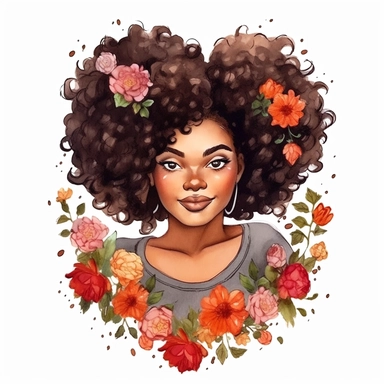 ultra detailed Black Girl Self Love Clipart, solid white background, cozy outfit, beautiful hair, super cute , super hot, self love, peaceful, floral heart, watercolor, floral, contour, PHOTOREALISM portrait , by ANIMATION